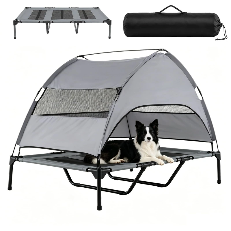 GYMAX Elevated Dog Bed, Raised Dogs House with Removable Canopy, Breathable Mesh & Carry Bag, Indoor Outdoor Off-Ground Pet Cot for Yard Patio Camping Beach Lawn Yard (122.5 x 91 x 95 cm)