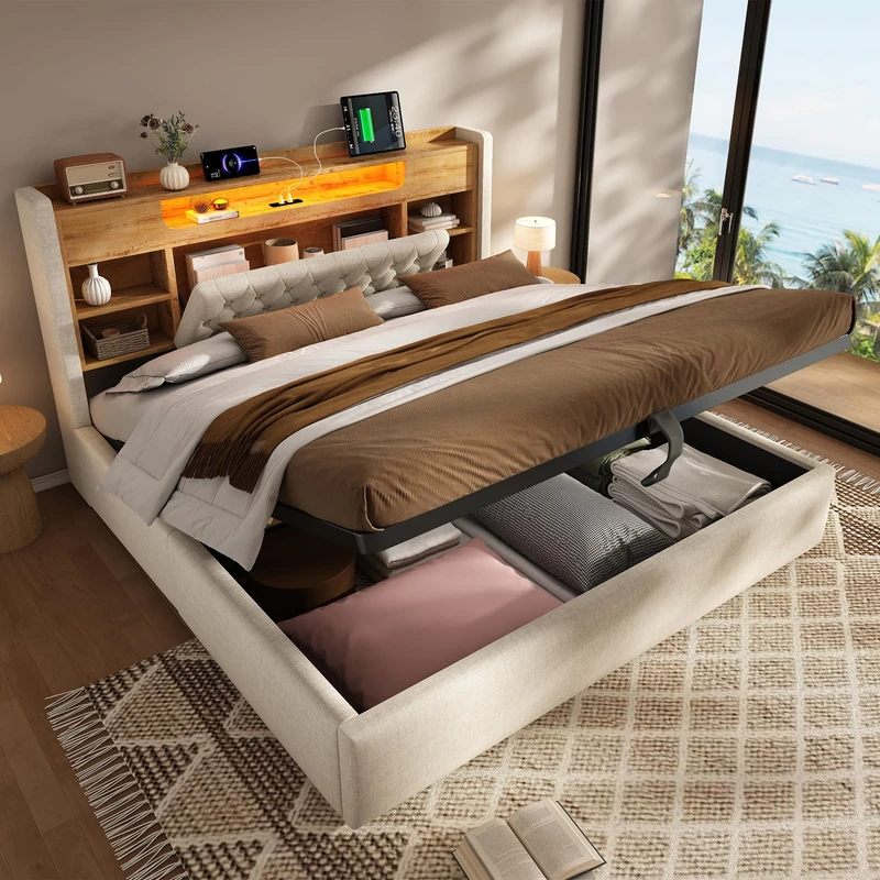 Ball & Cast King Size Ottoman Bed Frame with Charging Station & LED Lights King Size Bed Frame with Hydraulic Lift Mechanism, Upholstered Storage Headboard, Underbed Storage, Easy Operation, Beige