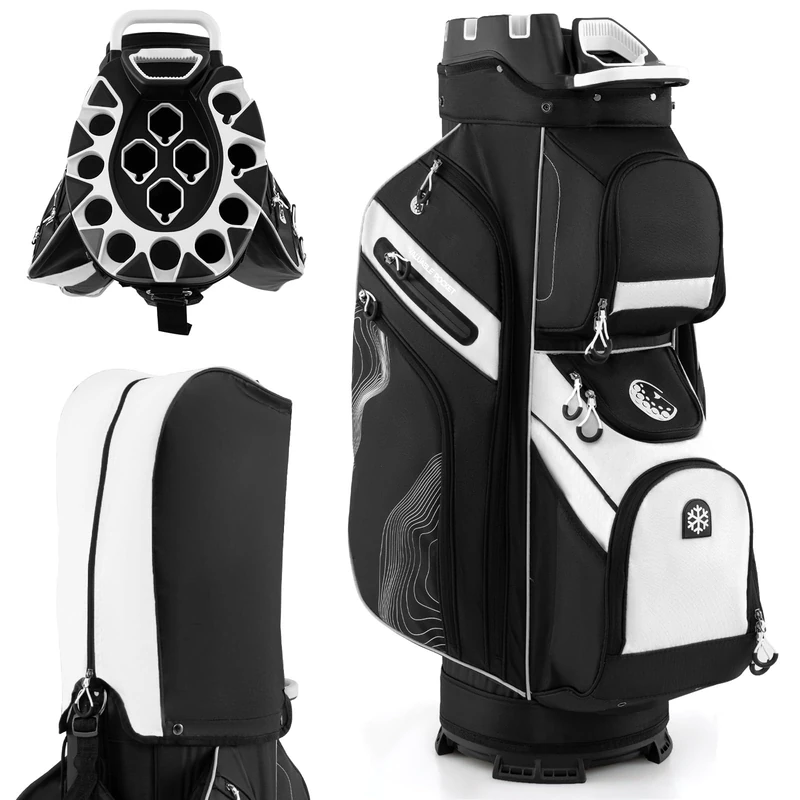 GYMAX Golf Cart Bag, 14-Way Dividers Lightweight Portable Golf Club Bag with Molded Lock Top, 11 Pockets, Cooler Bag, Rain Hood, Shoulder Strap, Golf Bags for Men Women (Black+White)