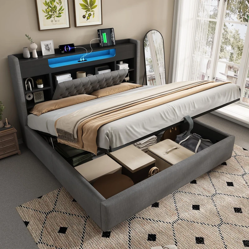 Ball & Cast King Size Ottoman Bed Frame with Charging Station & LED Lights King Size Bed Frame with Hydraulic Lift Mechanism, Upholstered Storage Headboard, Underbed Storage, Easy Operation, Grey