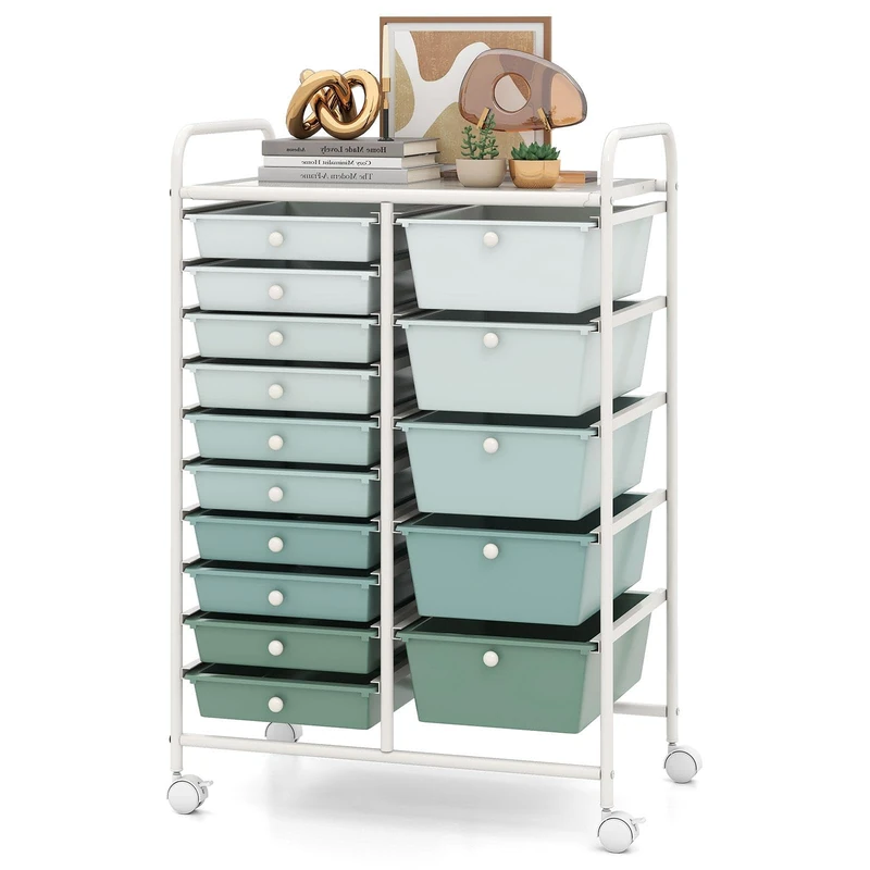 GiantexUK 15 Drawers Rolling Trolley, Utility Storage Organizer Cart with Wheels, Home Office Hairdressing Salon Shelving Organizer Unit (Gradient Green)