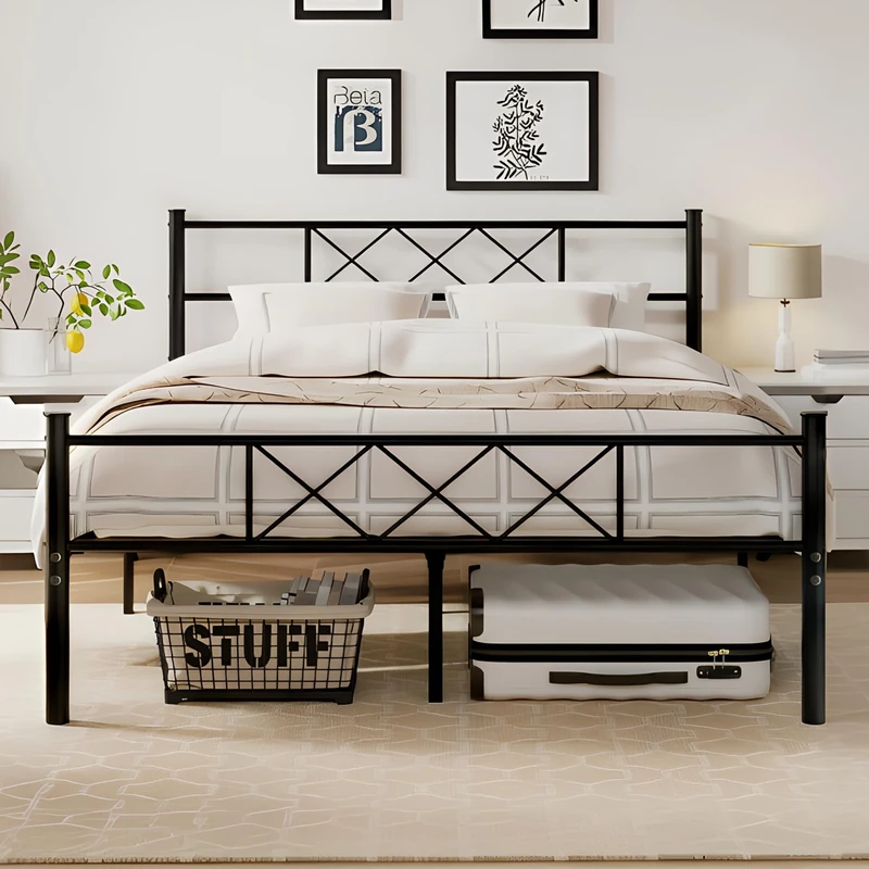 VECELO 4ft6 Double Bed Frame with Headboard, Heavy-Duty Platform/Mattress Foundation with Metal Slat Support, No Box Spring Needed, Easy Assembly, Black