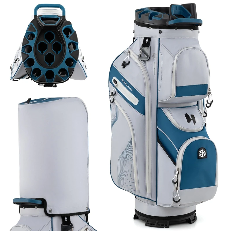 GYMAX Golf Cart Bag, 14-Way Dividers Lightweight Portable Golf Club Bag with Molded Lock Top, 11 Pockets, Cooler Bag, Rain Hood, Shoulder Strap, Golf Bags for Men Women (Grey+Navy)