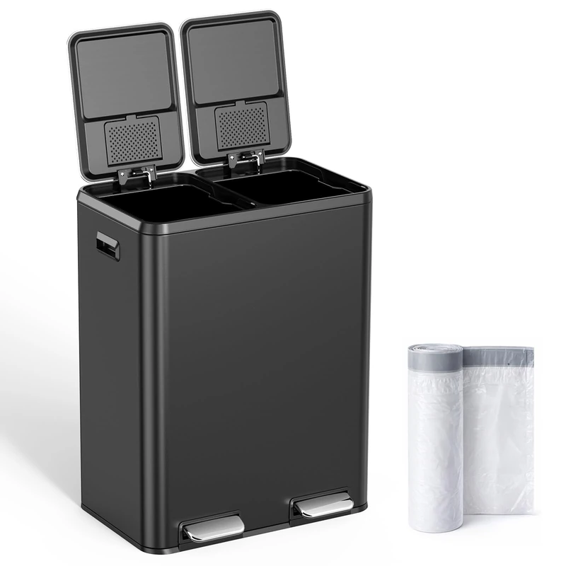 Kitchen Bin,80L Dual Rubbish Bin, 30+50L Stainless Steel Pedal Bin,Double Bin Recycling with Soft-Close Lids and Plastic Inner Buckets,Fingerprint Proof,Odour Seal,Large Capacity, Upgrade Black 80