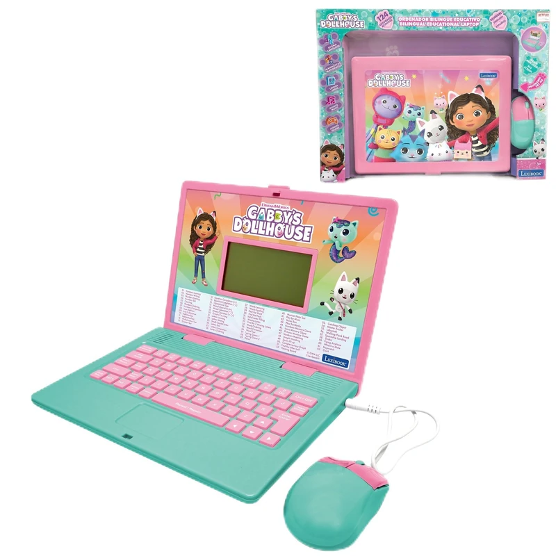 LEXIBOOK, Gabby’s Dollhouse, Bilingual ENGLISH/SPANISH Educational computer, Toy for children with 124 language, writing, maths, logic, music activities and games, Pink/blue, JC598GDHi2LXB