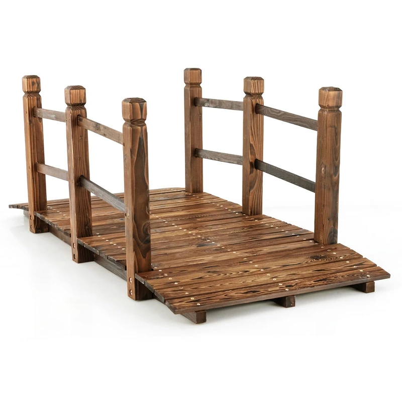 FANTASK Garden Bridge, 150 x 67 x 55 cm, Wooden Bridge with Railing, Garden Bridge Made of Solid Fir Wood, Maximum Load 180 kg, Decorative Bridge for Garden, Pond and Stream (Brown)