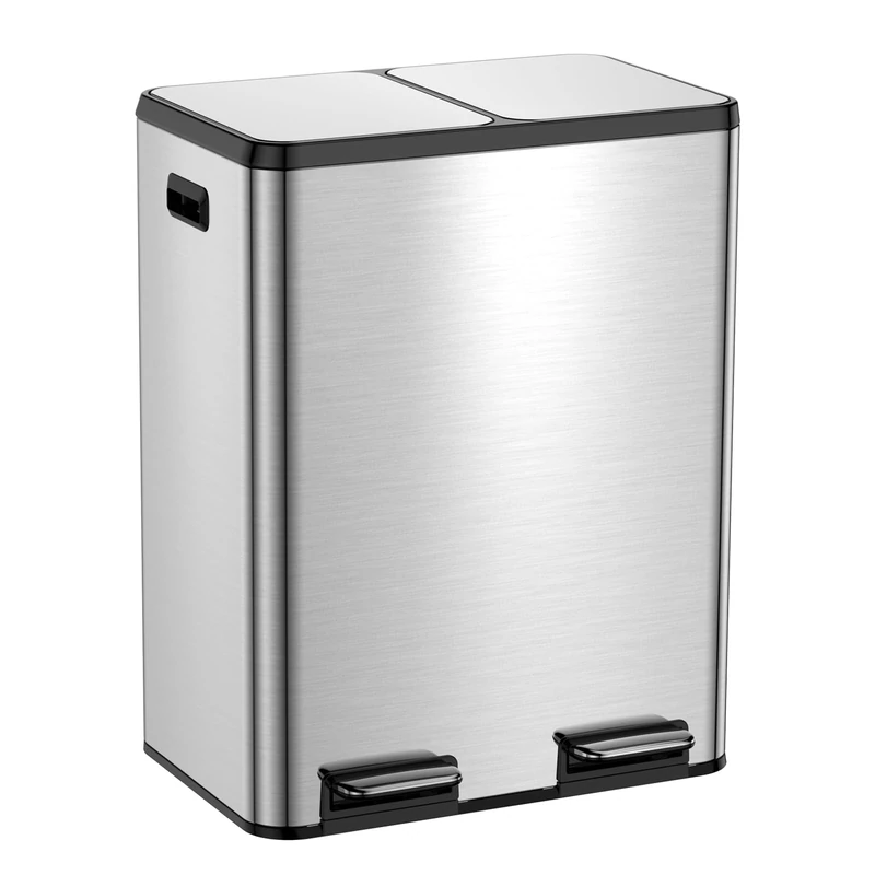 Kitchen Bin,80L Dual Rubbish Bin, 30+50L Stainless Steel Pedal Bin,Double Bin Recycling with Soft-Close Lids and Plastic Inner Buckets,Fingerprint Proof,Odour Seal,Large Capacity, Upgrade Silver 80