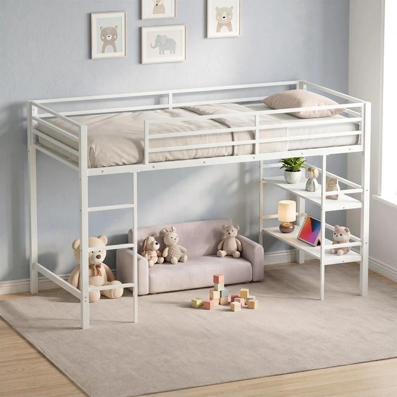 GYMAX Metal Kids Loft Bed (White, With Shelves: 196x96x126cm)