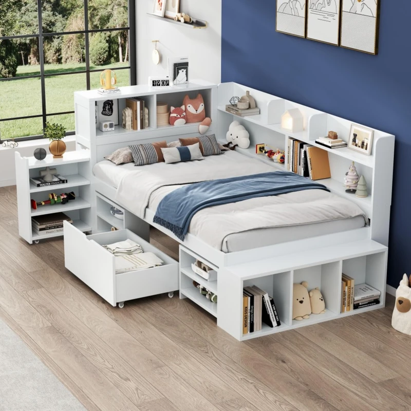 Ball & Cast Single Bed Frame with Storage Drawers, 3ft Cabinet Platform Bed with Bookcase & Storage Cupboard, Multifunctional Kids Bed, Wooden Slats, 90x190cm, White, (No Mattress)