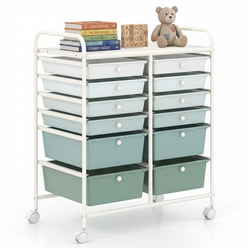GiantexUK 4/6/12 Drawers Storage Trolley, Multipurpose Utility Rolling Cart on Wheels, Plastic Shelving Organizer Unit for Home Office Hairdressing Salon (Gradient Green, 12 Drawers)