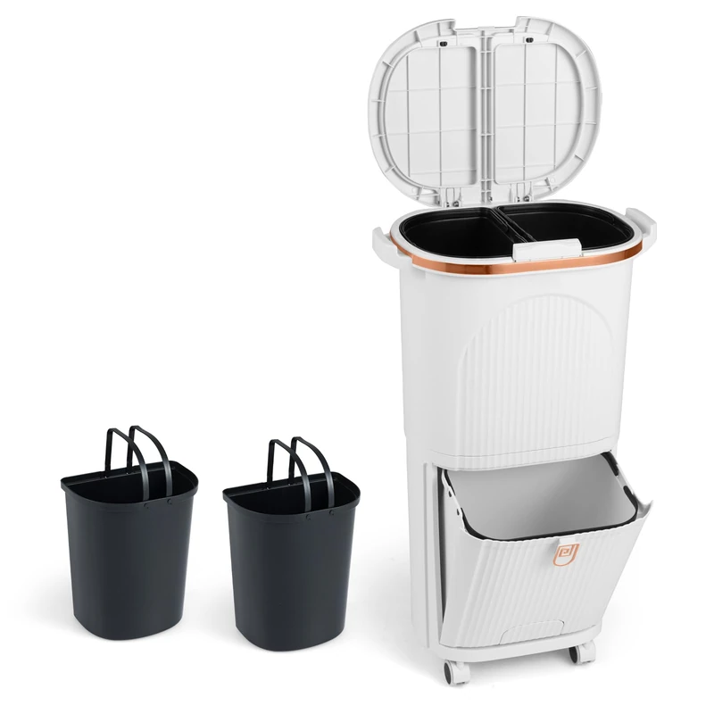 GiantexUK 38L Recycling Bin, 2-Tier Sorting Trash Bin with 3 Compartments, Wheels & Retractable Pedal, Vertical Dry and Wet Separation Trash Can for Kitchen(38L,White)