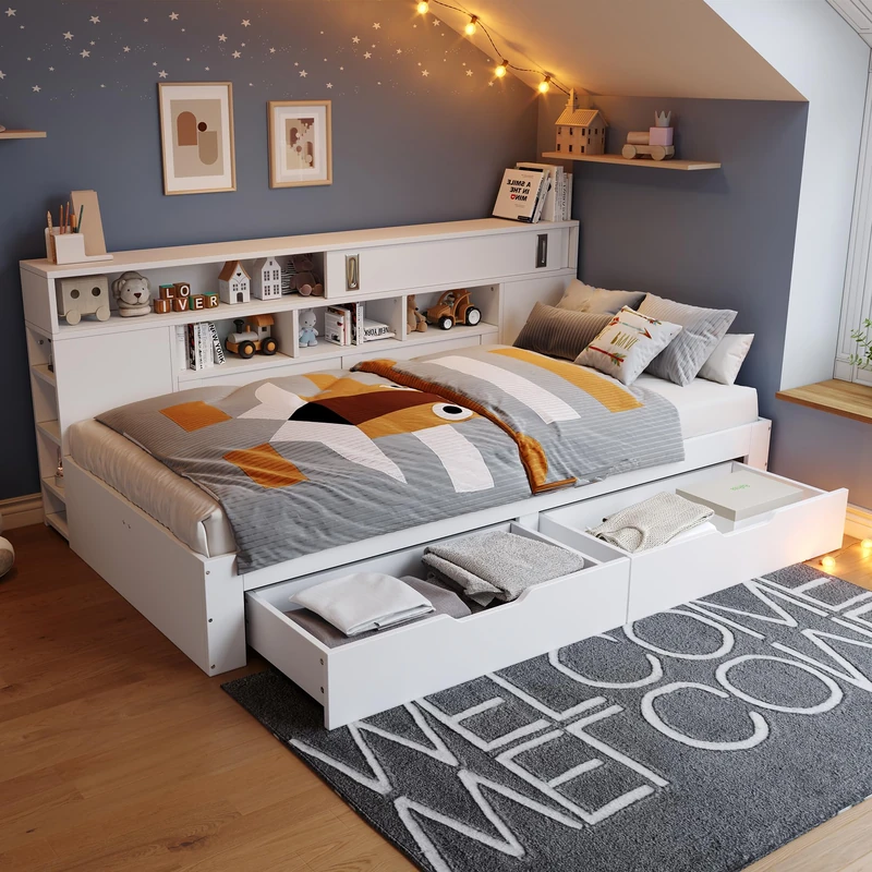 Ball & Cast Sofa bed, dayed,3ft 90 * 190 cm, multifunctional bed with drawers, shelves and storage cabinets, bed box with storage space, mattress not included, white - Image 1