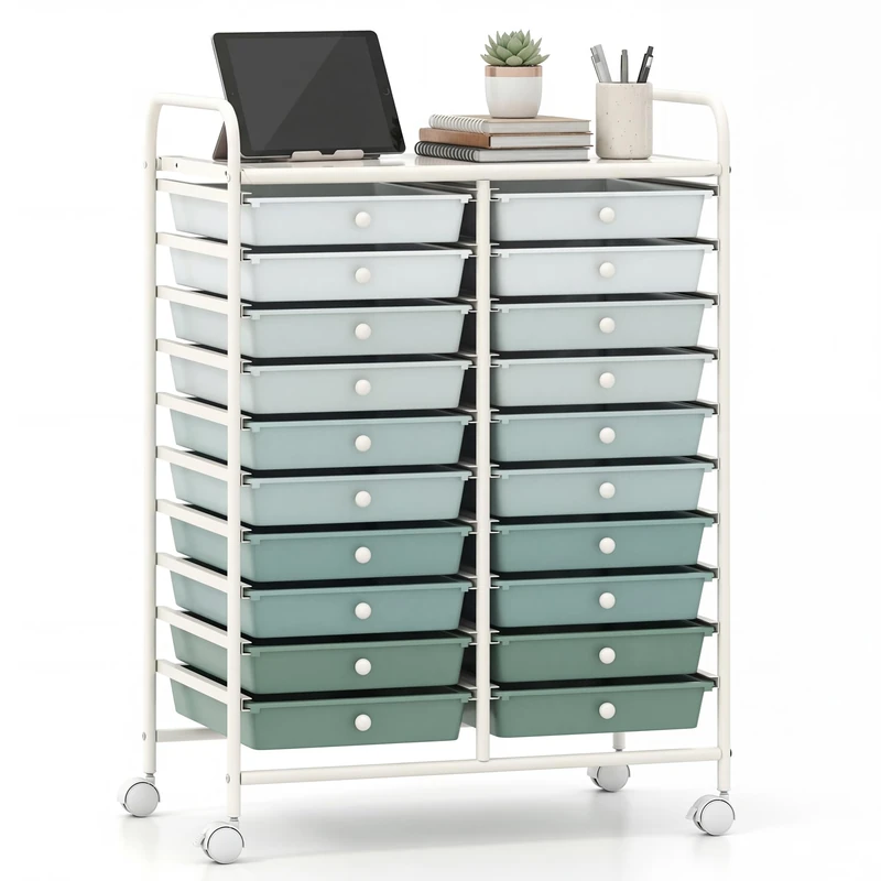 GiantexUK 20 Drawers Storage Trolley, Multipurpose Mobile Rolling Cart with Lockable Wheels, Rolling Utility Shelving Organizer Unit for Home Office Salon (Gradient Green)