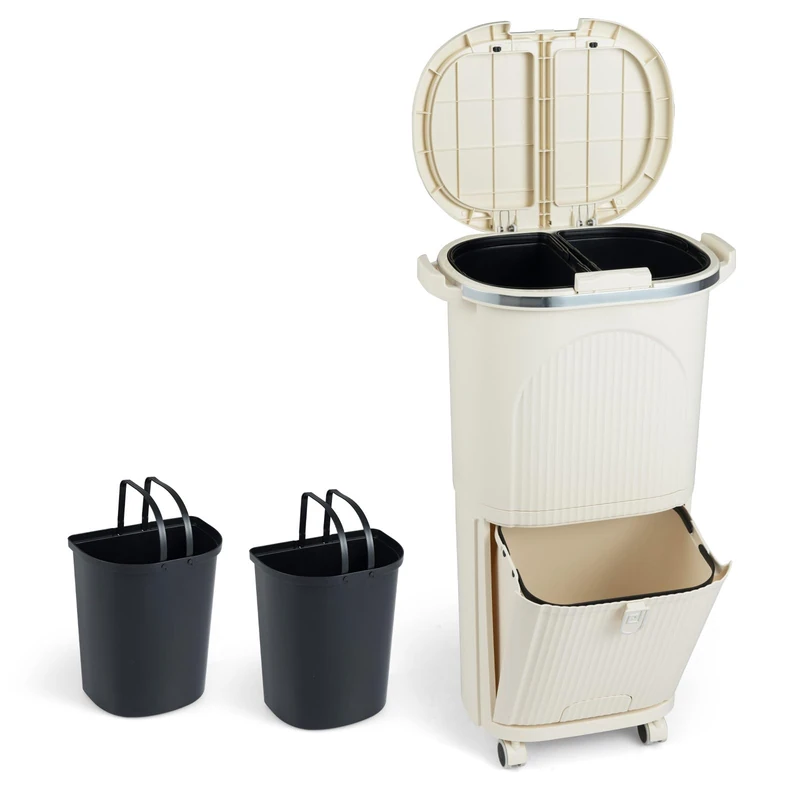 GiantexUK 38L Recycling Bin, 2-Tier Sorting Trash Bin with 3 Compartments, Wheels & Retractable Pedal, Vertical Dry and Wet Separation Trash Can for Kitchen(38L,Beige)