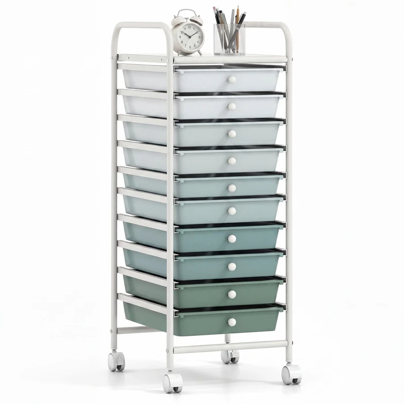 GiantexUK 10 Drawers Rolling Trolley, Multipurpose Utility Storage Organizer Cart with Wheels, Home Office Hairdressing Salon Shelving Organizer Unit (Gradient Green)