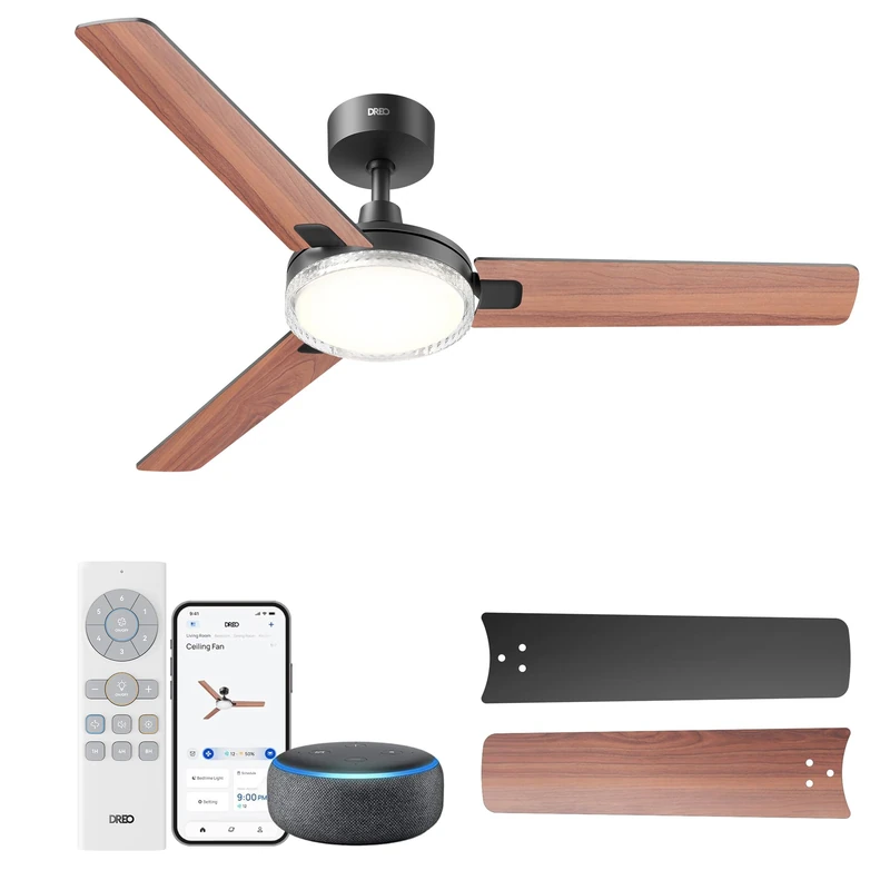 DREO Smart Ceiling Fans with Lights, 52 Inch(132cm) Ceiling Fan, 12 Speeds & 3 Fan Modes, Stepless Color Tones, Dimmable LED Light, 1-12H Timer, Quiet DC Motor, Grey
