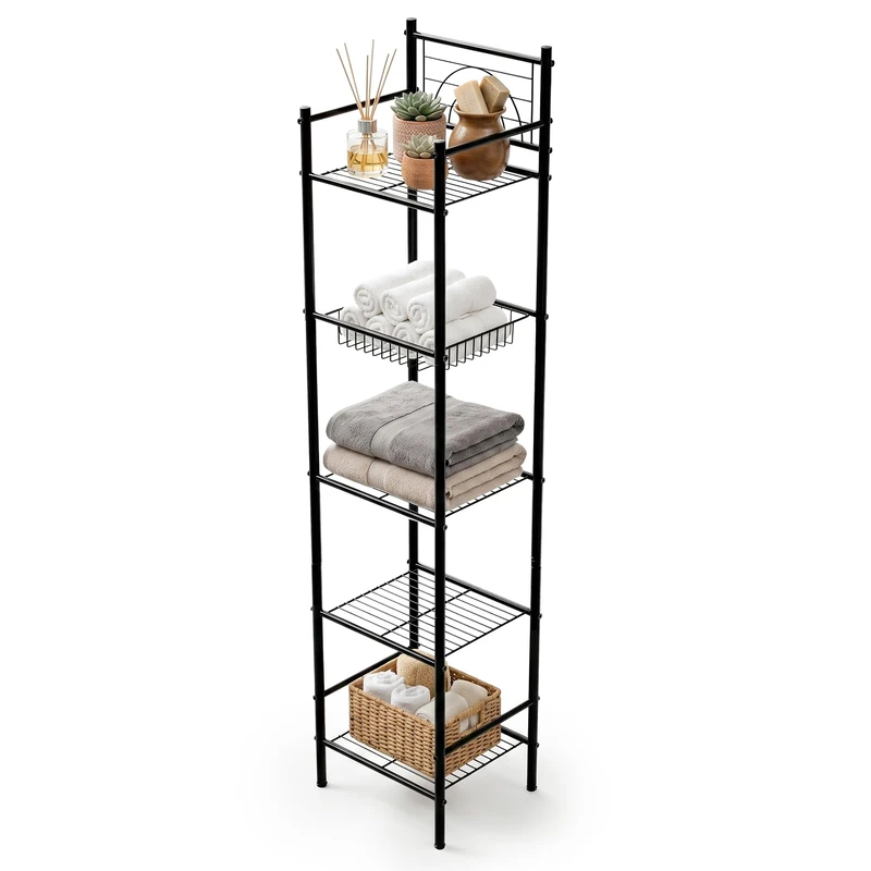 Amig - Bathroom Shelf Mod. ORIA - 5 tiers - Made of steel - Matte black color - With adjustable legs - For small spaces - 34 x 30 x 150 cm