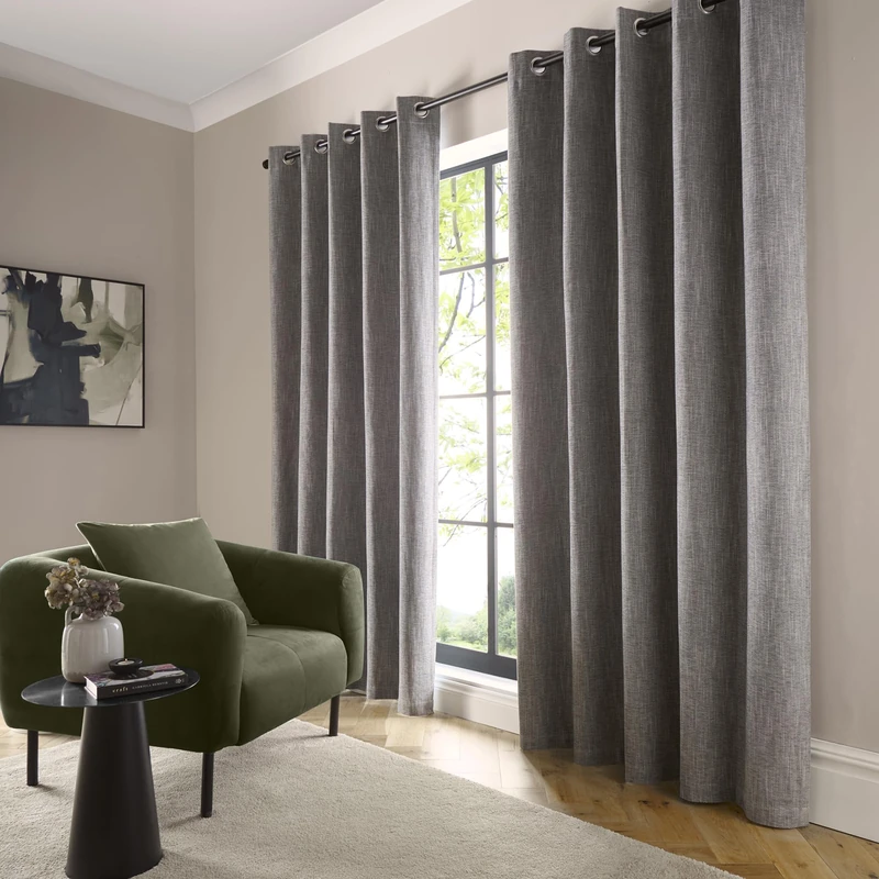 Curtina Boucle Chenille Grey Eyelet Curtains (117 x 137cm) – Lined – Polyester Window Curtains
