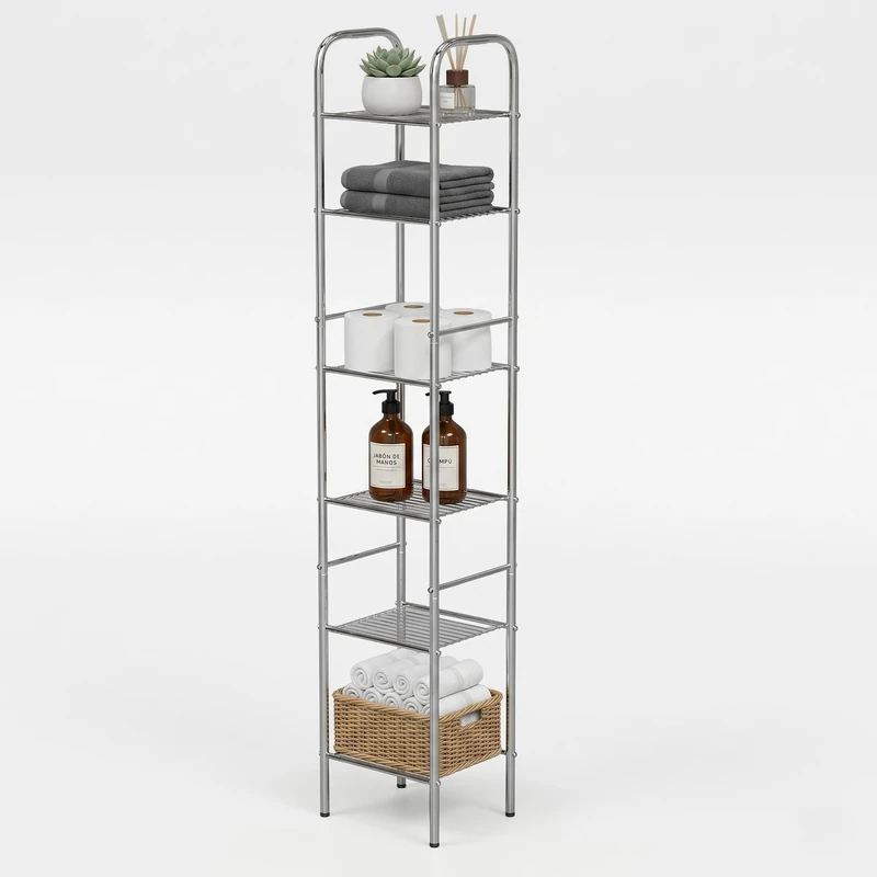 Amig - Bathroom Shelf Mod. BRISA - 6 tiers - Made of steel - Silver color - With adjustable legs - For small spaces - 32 x 28 x 168 cm - Image 1