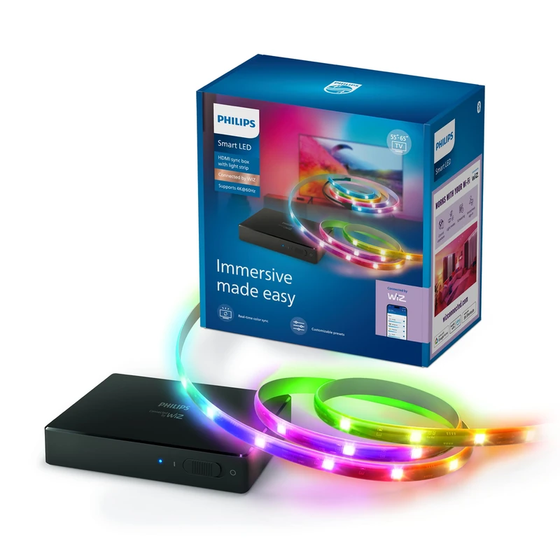 Philips Smart Lighting HDMI Sync Box with TV Backlight, RGBIC LED Strip for 55-65" TV, Sync with Movies, Music, HDMI 2.0, 4K at 60Hz, Connected by WiZ, Requires External Video Source