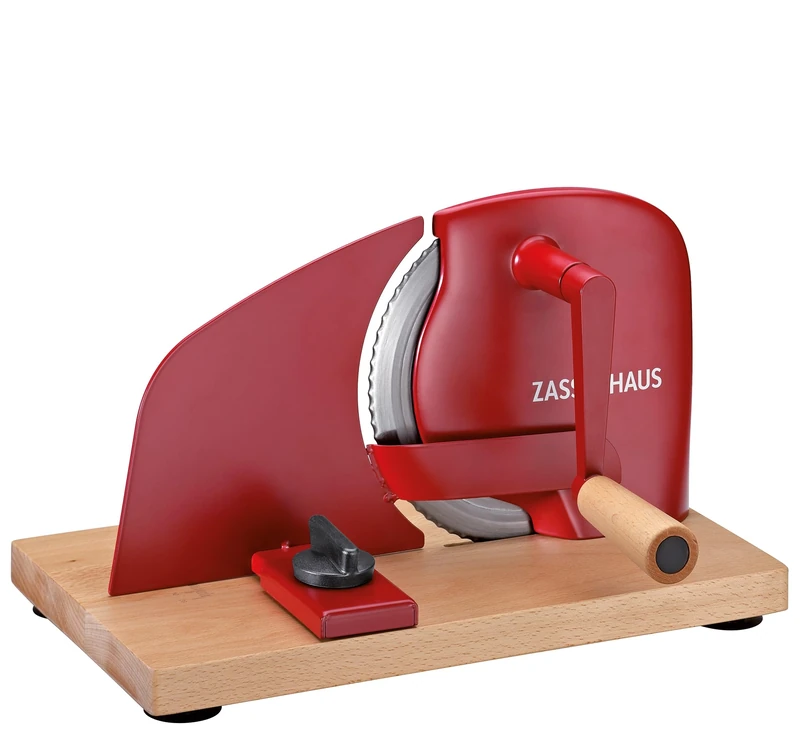 Zassenhaus Bread Slicer Pure Red, Manual Crank Machine with Stainless Steel Blade, Special Serrated Edge, Made in Solingen, Continuous Cutting Thickness Adjustment up to 20 mm
