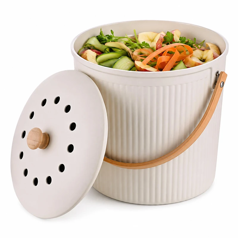Relaxdays Kitchen Compost Bin, 5.6 litres, 2 carbon filters, lid, white