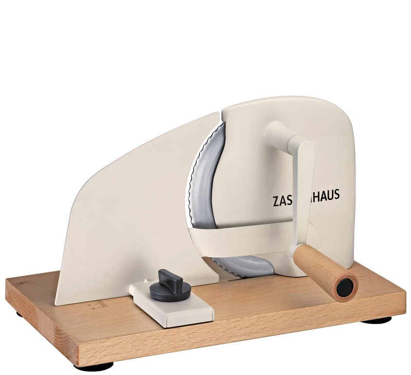 Zassenhaus Bread Slicer Pure Cream, Manual Crank Machine with Stainless Steel Blade, Special Serrated Edge, Made in Solingen, Continuous Cutting Thickness Adjustment up to 20 mm