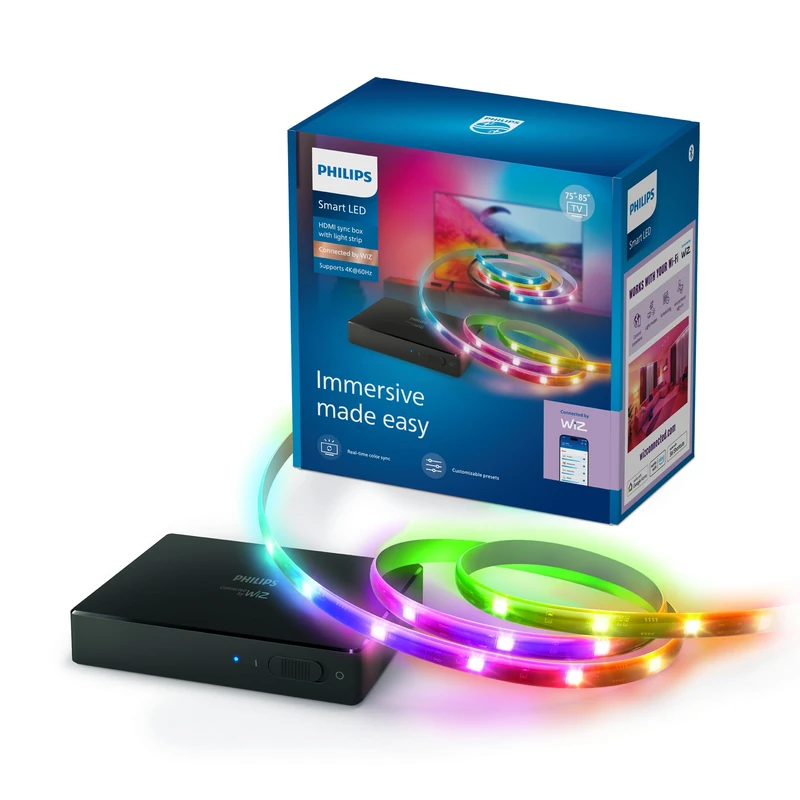 Philips Smart Lighting HDMI Sync Box with TV Backlight, RGBIC LED Strip for 75-85 Inch TV, Sync with Movies, Music, HDMI 2.0, 4K at 60Hz, App/Voice Controls, Requires External Video Source