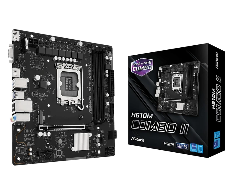 ASRock H610M Combo II - Intel 14th/13e/12th Gen Micro-ATX LGA1700 Motherboard - DDR5 x2 or DDR4 x1, x1 PCIe 5.0, x1 M.2 PCIe 3.0x4, HDMI/DP/VGA