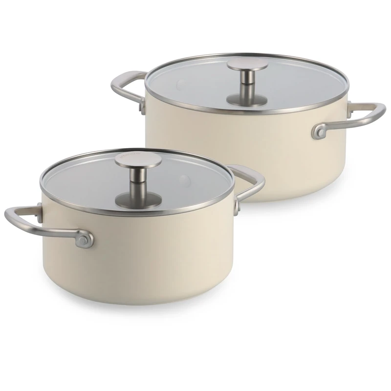 KitchenAid Advanced Forged Aluminium Saucepan Set of 4 Saucepans 20 cm / 3.11 L and 24 cm / 4.91 L with Glass Lids, Ceramic Non-Stick Coating Without PFAS, Induction, Oven Safe up to 220 °C, Cream