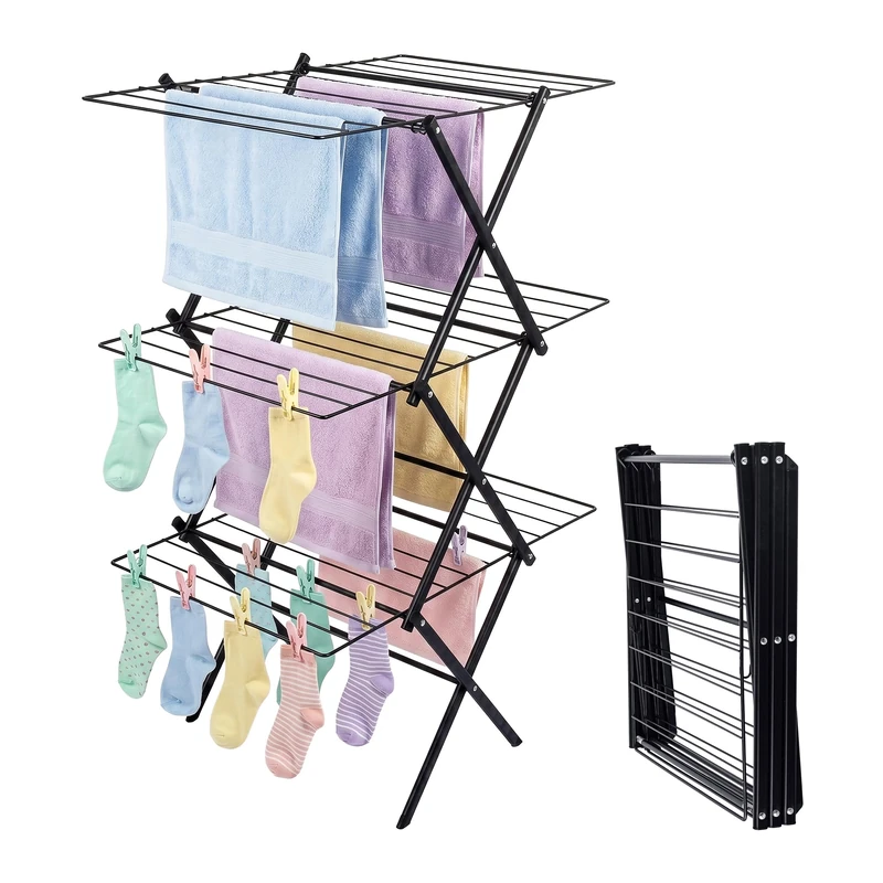 Relaxdays Folding clothes horse, 3-tier, 27 rails, black