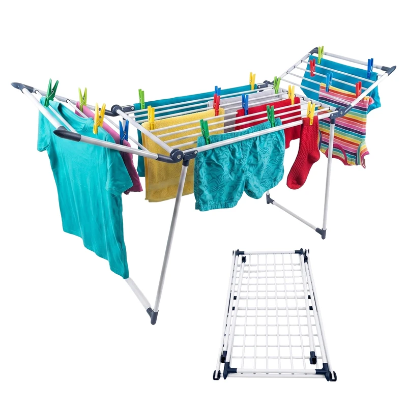 Relaxdays folding clothes horse, HxWxD: 103 x 174 x 57 cm, white/blue