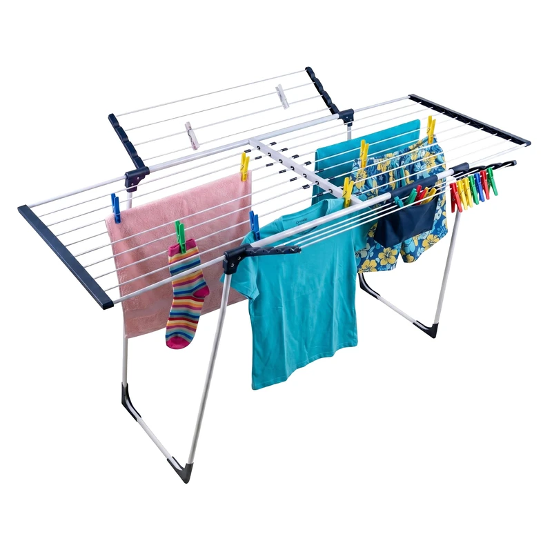 Relaxdays clothes airer, foldable, extendable, white/blue