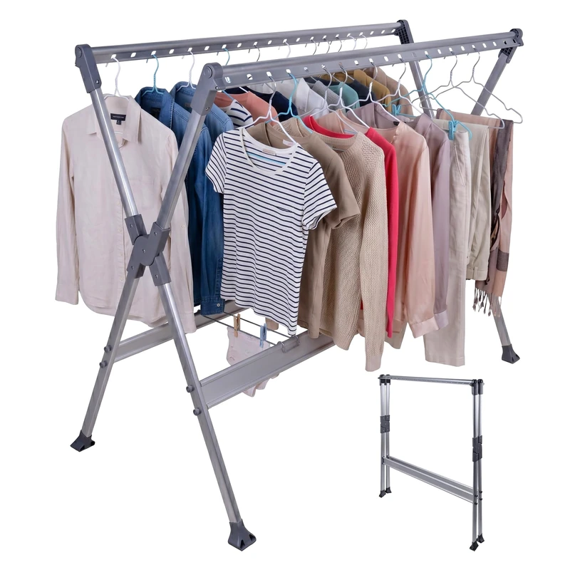 Relaxdays laundry rack, extendable and foldable, HxWxD: 126.5 x 150-250 x 76 cm, for clothes hangers, silver