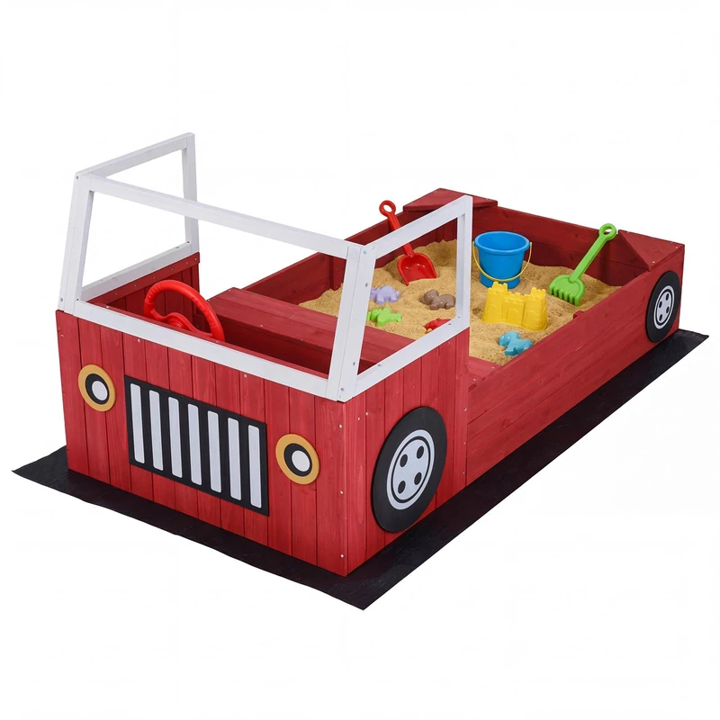 FANTASK Wooden Sandpit, 80 x 156 x 70 cm, Play Box with Rotating Steering Wheel, Corner Seats & Bench, for Fire Engine Design, Children's Sandpit Outdoor, Sandbox for Outdoor Balcony, Garden