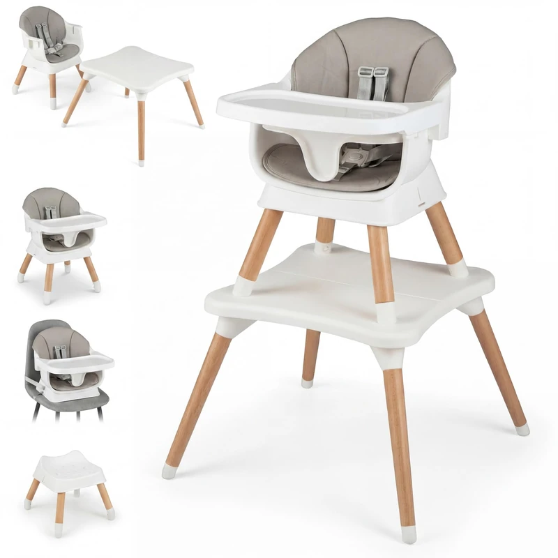 GYMAX 9 in 1 Convertible High Chairs for Toddlers, Infant Highchairs with Solid Wood Legs, Removable Tray, and Waterproof Seat Cushion, Kids Table and Chair Set for 6-36 Months (Gray+White)