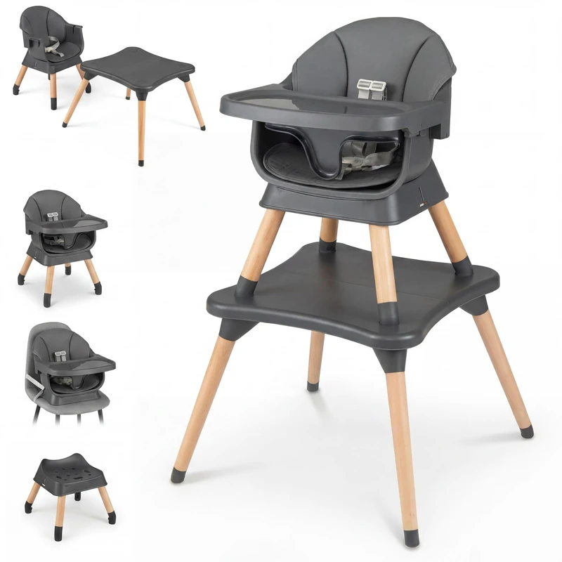 GYMAX 9 in 1 Convertible High Chairs for Toddlers, Infant Highchairs with Solid Wood Legs, Removable Tray, and Waterproof Seat Cushion, Kids Table and Chair Set for 6-36 Months (Gray)