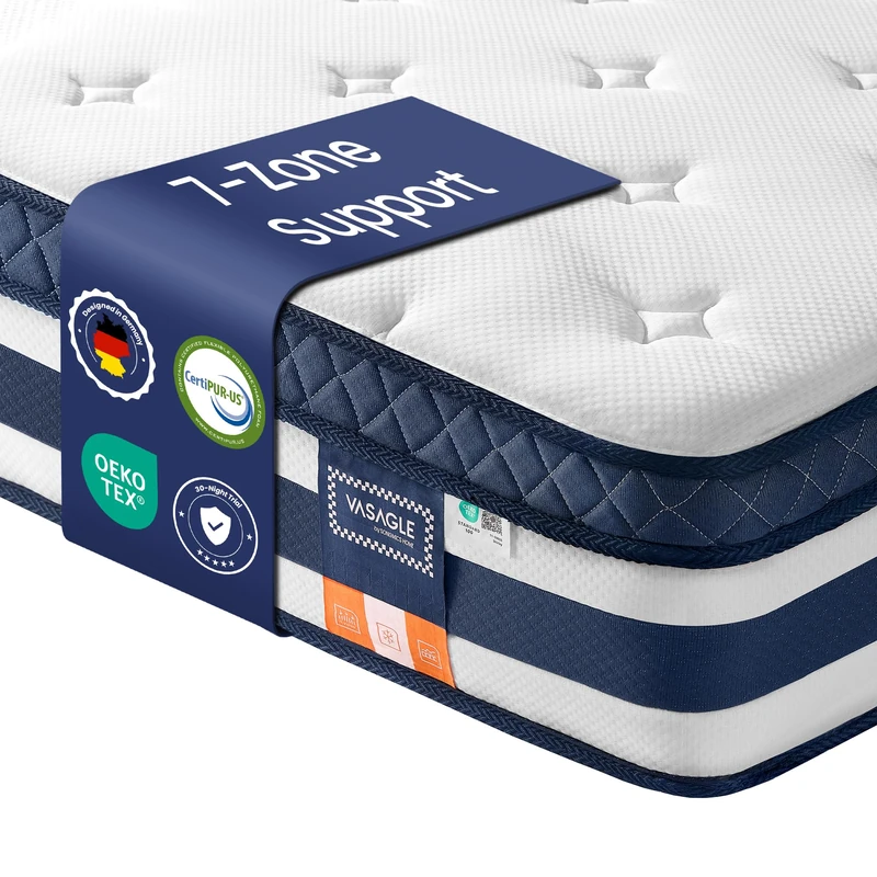 VASAGLE Pocket Sprung Mattress, Cooling Gel Memory Foam, 7-Zone Pressure Relief, H3 Medium Firm, 190 x 135 x 25 cm, Blue, Motion Isolation Bed in a Box, Mosey Collection RMZ236Q102 - Image 1