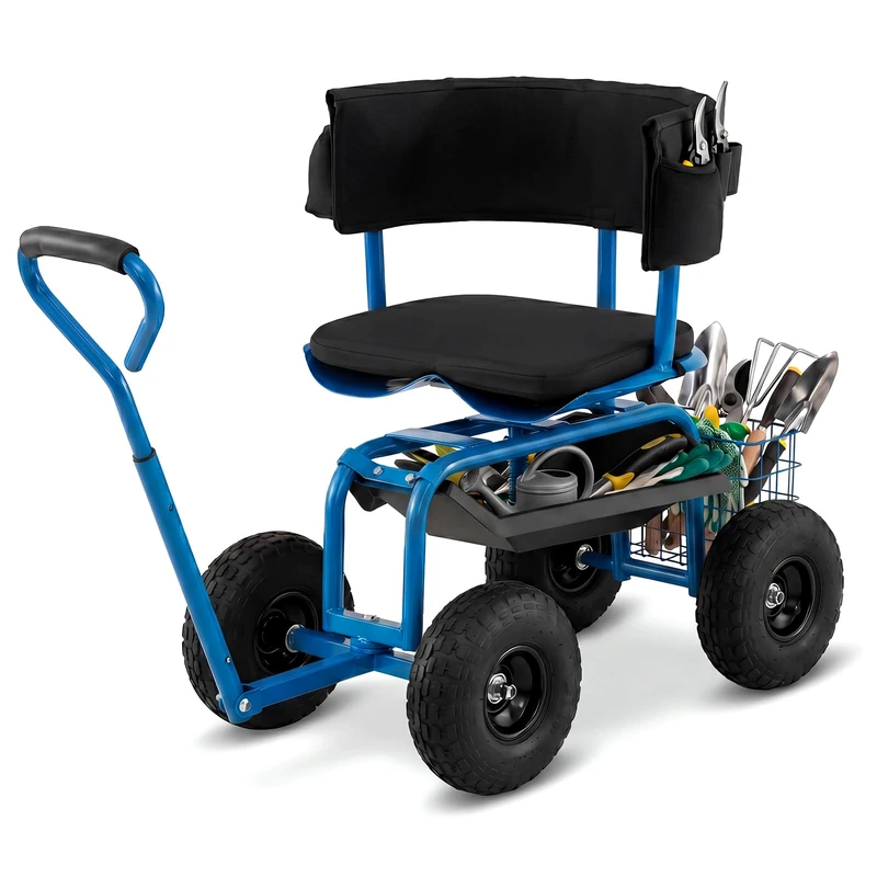 FANTASK Garden Seat with Wheels, Garden Trolley with Rolling Seat, Extendable Handle, Basket, Shelf & Seat Cushion, Adjustable 360° Swivel Seat, Height Adjustable, Metal Garden Rolling Seat for