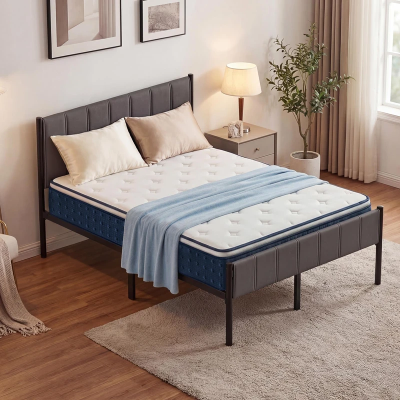 VASAGLE Double Bed Frame Bundle with Mattress, 135 x 190 cm, Upholstered Headboard, Hybrid Pocket Spring and Gel Memory Foam, 500 kg Weight Capacity, Medium Firm, Slate Grey and Blue RMZ226QZ03-01