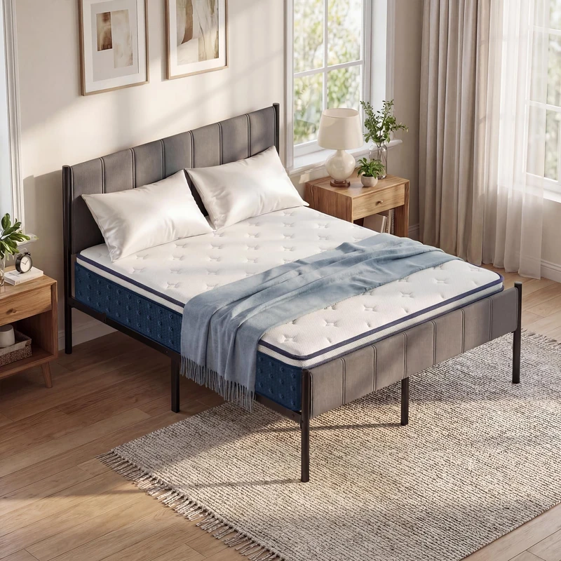 VASAGLE King Bed Frame Bundle with Mattress, 150 x 200 cm, Upholstered Headboard, Hybrid Pocket Spring and Gel Memory Foam, 500 kg Weight Capacity, Medium Firm, Slate Grey and Blue RMZ227QZ02-01 - Image 1