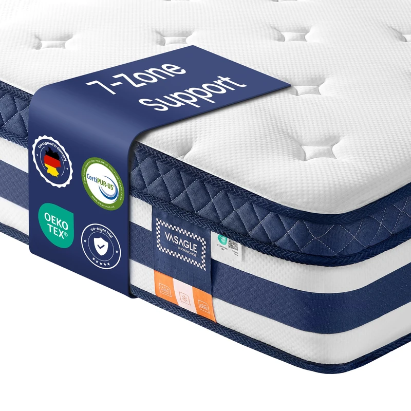 VASAGLE Pocket Sprung Mattress, Cooling Gel Memory Foam, 7-Zone Pressure Relief, H3 Medium Firm, 200 x 150 x 25 cm, Blue, Motion Isolation Bed in a Box, Mosey Collection RMZ237Q102 - Image 1