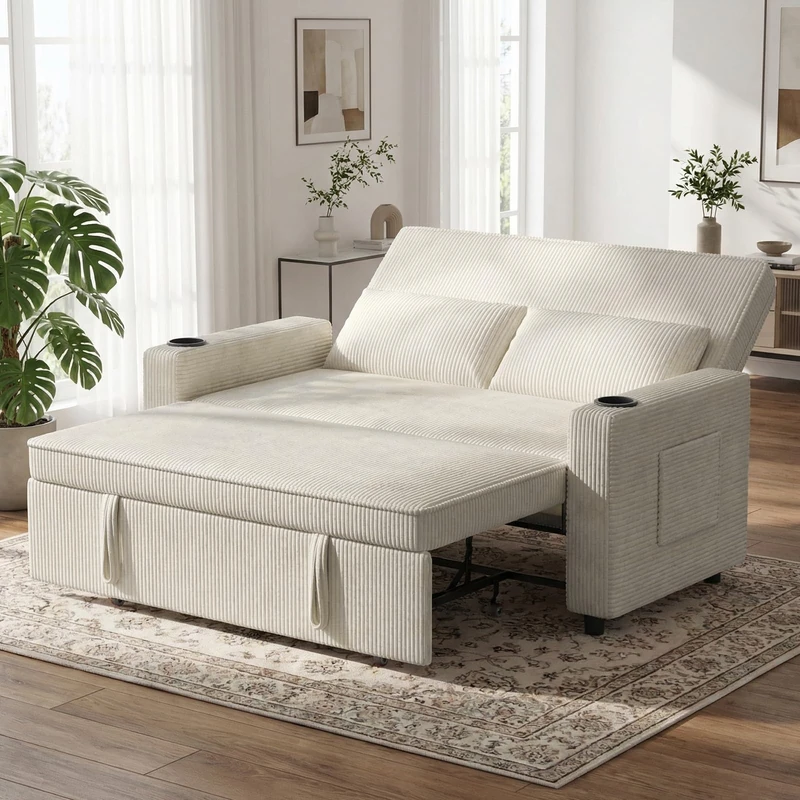 JUMMICO 62.99" Pull Out Sofa Bed with Adjustable Backrest Sleeper Sofa 2 Seater Convertible Small Couches Modern Corduroy Fabric For Living Room Bedroom,Beige