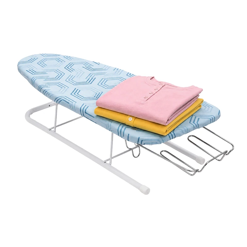 Relaxdays tabletop ironing board, 76 x 30.5 cm surface, pull-out iron rest, foldable, compact, blue/white - Image 1
