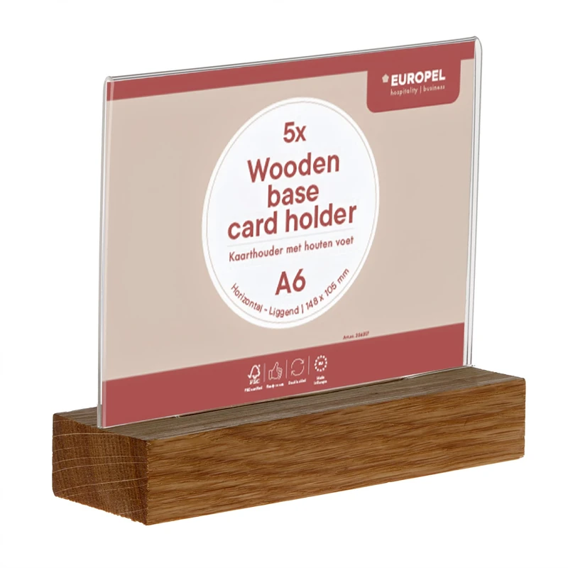 Europel Acrylic Card Holder with Oak Base A6 Horizontal Pack of 5, Double-Sided Table Display Stand, Clear Holder for Price Tags, Menus, Information and Posters