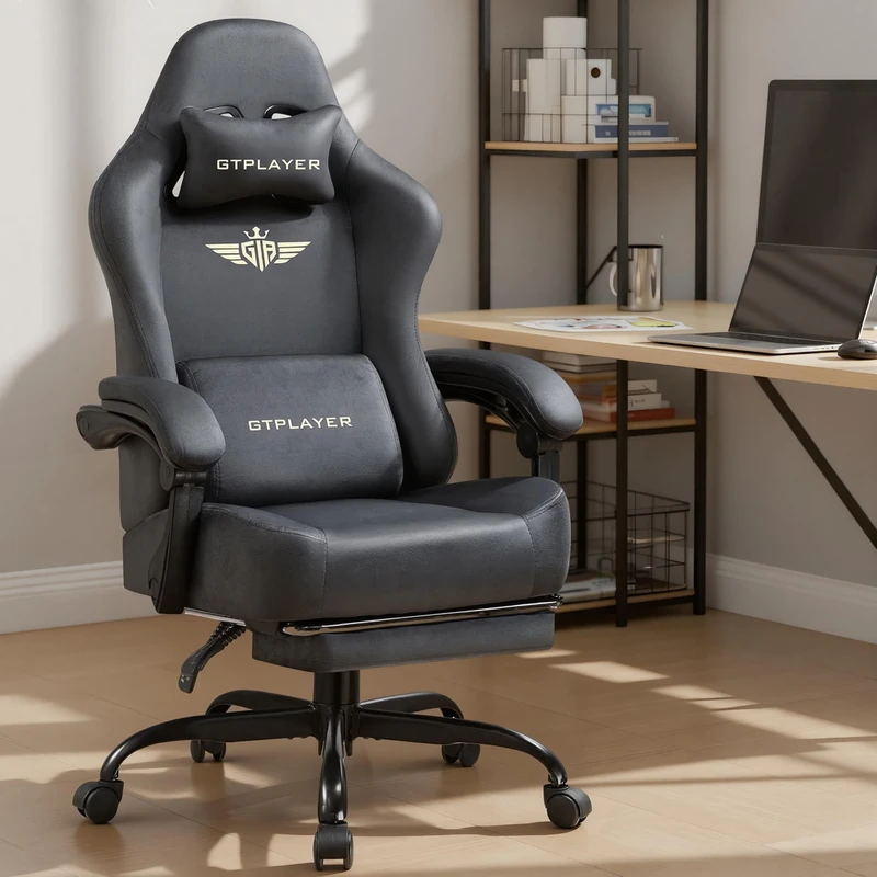 GTPLAYER Fabric Gaming Chair, Ergonomic Computer Chair with Footrest and Lumbar Support Height Adjustable Home Office with 360°-Swivel Seat and Headrest