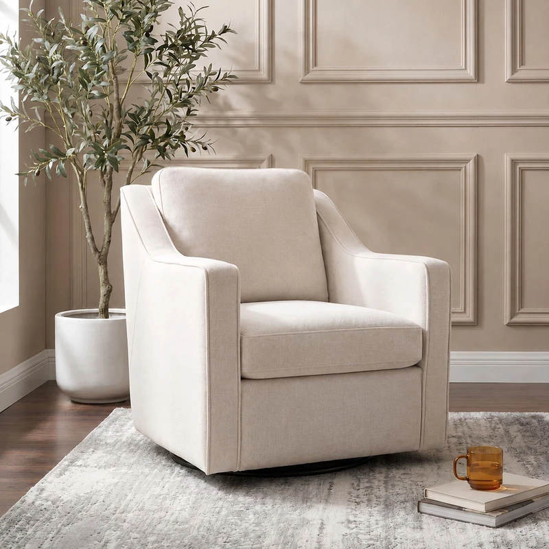 Swivel Armchair for Living Room, 360° Rotating Living Room Chair, Linen Fabric Accent Chair with Removable Seat Cushion & Pillow, High Density Foam Upholstered Lounge Chair for Bedroom, Leisure Area