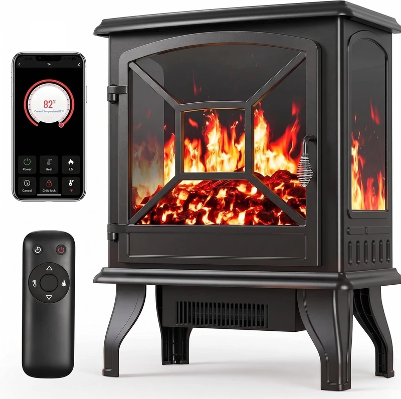 Silonn 24″/60cm Corner Electric Fireplace Heater, 4777 BTU Portable Heater, Smart App & Remote Control, Low Noise, 5 Brightness Levels, Temp & Timer for Living Room Bedroom