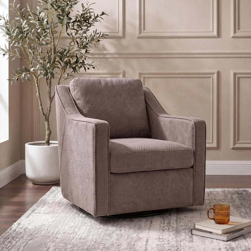 Swivel Armchair for Living Room, 360° Rotating Living Room Chair, Linen Fabric Accent Chair with Removable Seat Cushion & Pillow, High Density Foam Upholstered Lounge Chair for Bedroom, Leisure Area