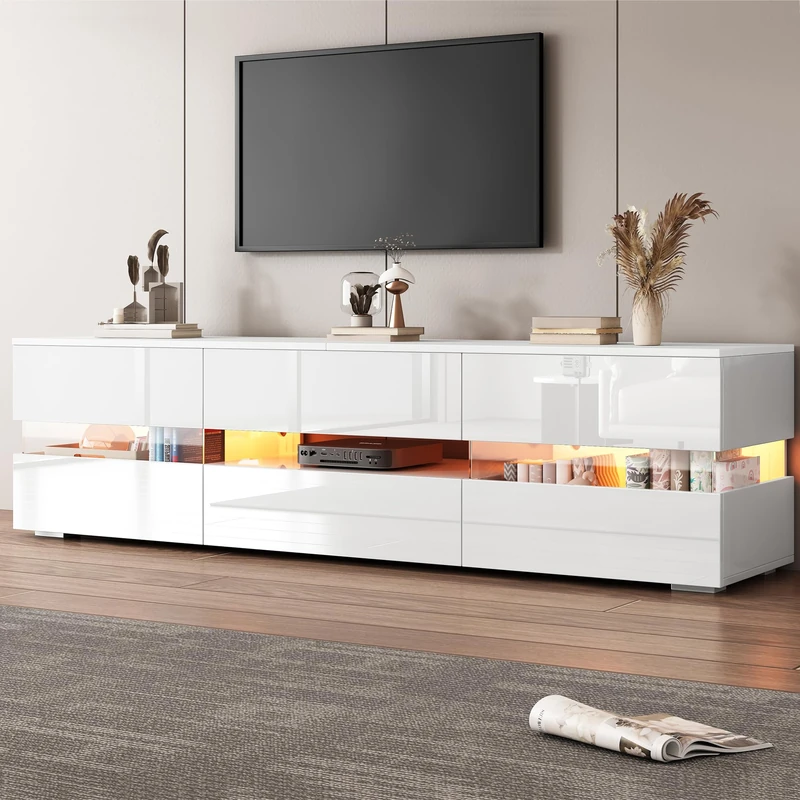 FAVSH 160cm LED TV Stand Cabinet with Open Shelves,Drawer and 2 Cabinets,Entertainment Center W/LED Lights and Charging Station,High Gloss TV Stand Unit W/Leg for Living Room,White